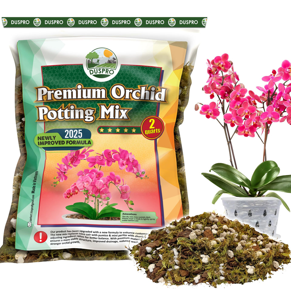Duspro orchid potting mix with forest moss for moisture and healthy roots.