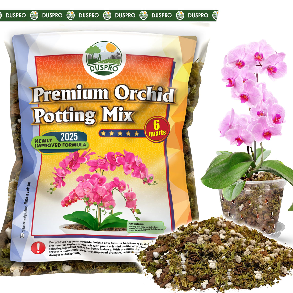 Duspro orchid potting mix with forest moss supports moisture for healthy roots.