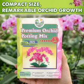 Duspro Orchid Potting Mix packaging-usage close-up suggests easy storage and reuse