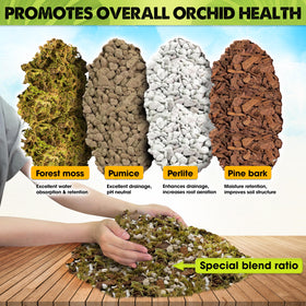Duspro orchid potting mix showing pine bark for drainage and structure.