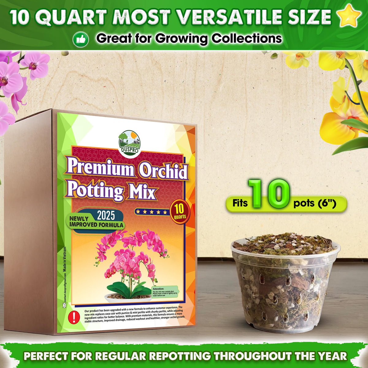 Duspro orchid potting mix demonstrates a well‑draining, moisture‑balanced substrate