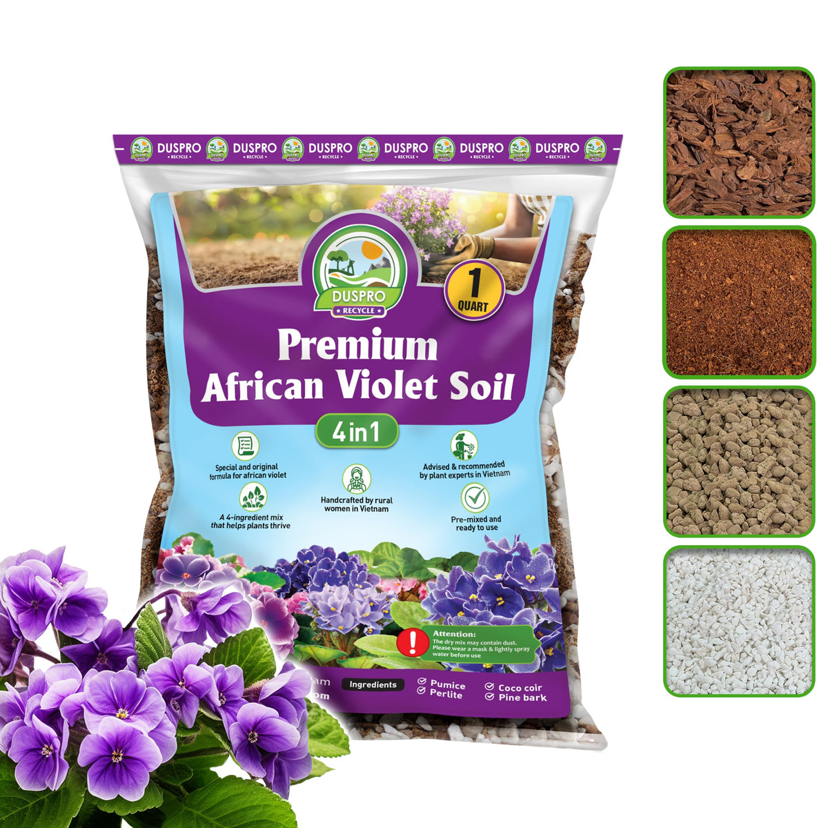 Duspro Recycle 4-in-1 African Violet Soil bag front view for balanced moisture