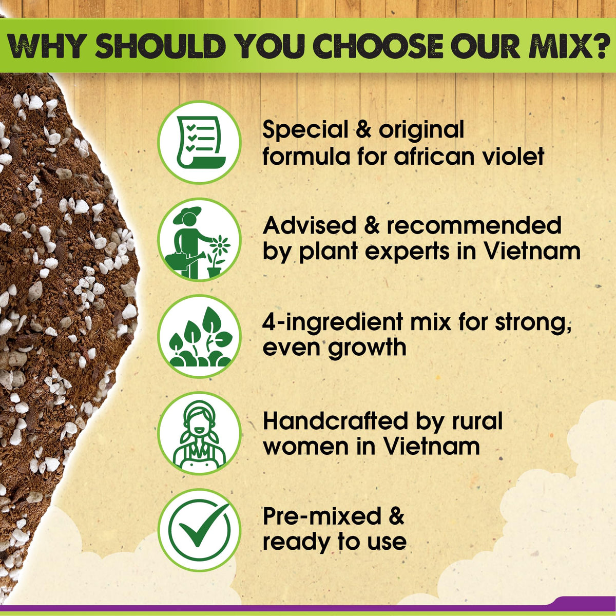 Duspro Recycle 4-in-1 mix detail featuring coco peat and moisture retention