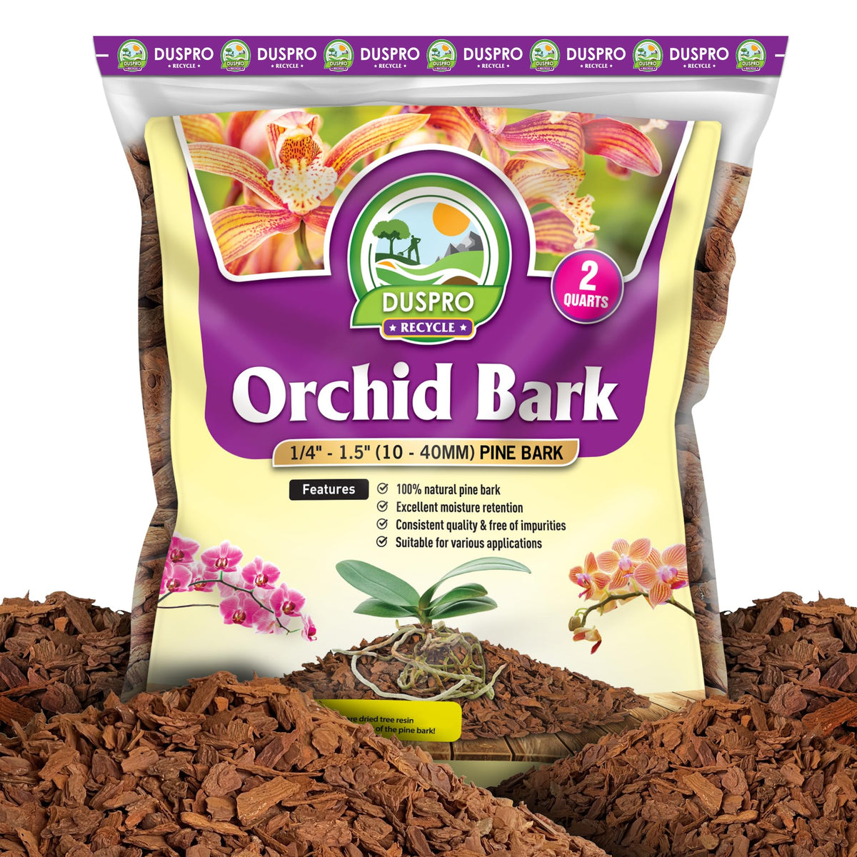 Duspro Recycle Orchid Bark bulk 2qt packaging supports orchid root porosity.