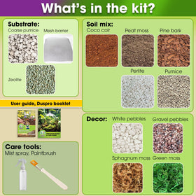 Duspro Recycle Terrarium Kit contents, includes soil mix for healthy plant ecosystems