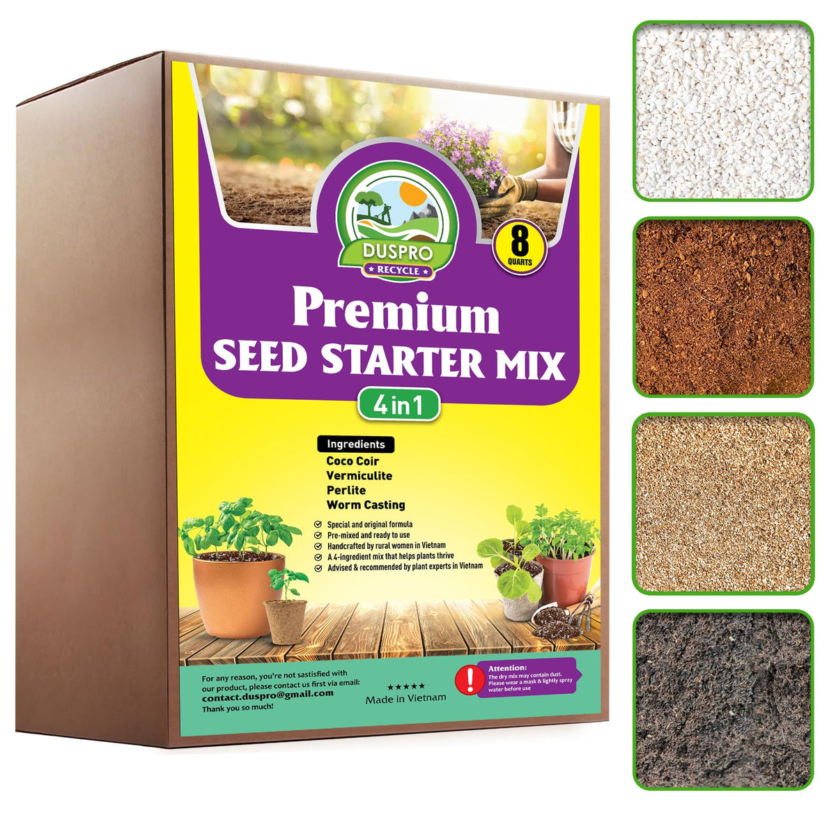 Duspro Seed Starter Mix coco coir blend promotes moisture retention for healthy seedlings.