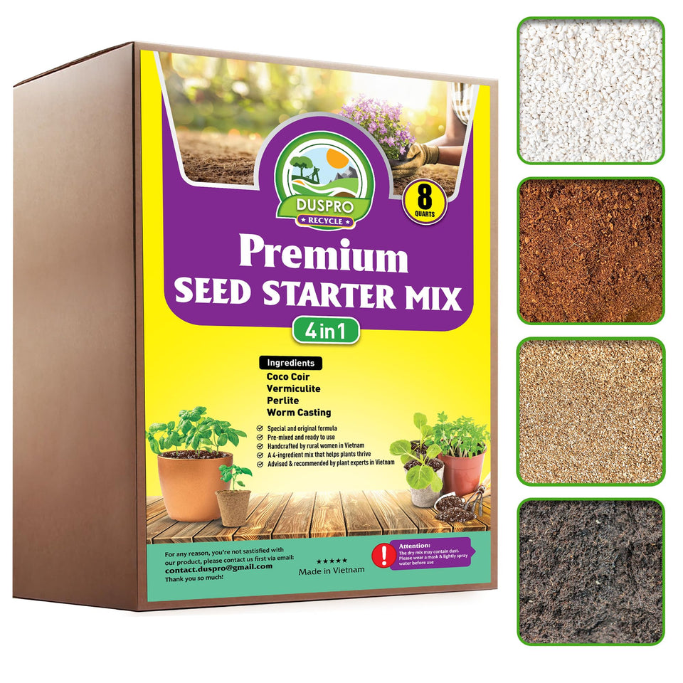 Duspro Seed Starter Mix coco coir blend promotes moisture retention for healthy seedlings.