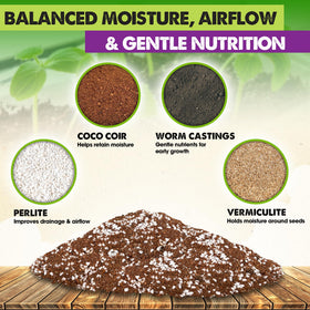 Duspro Seed Starter Mix includes worm castings for gentle, steady nourishment during germination.