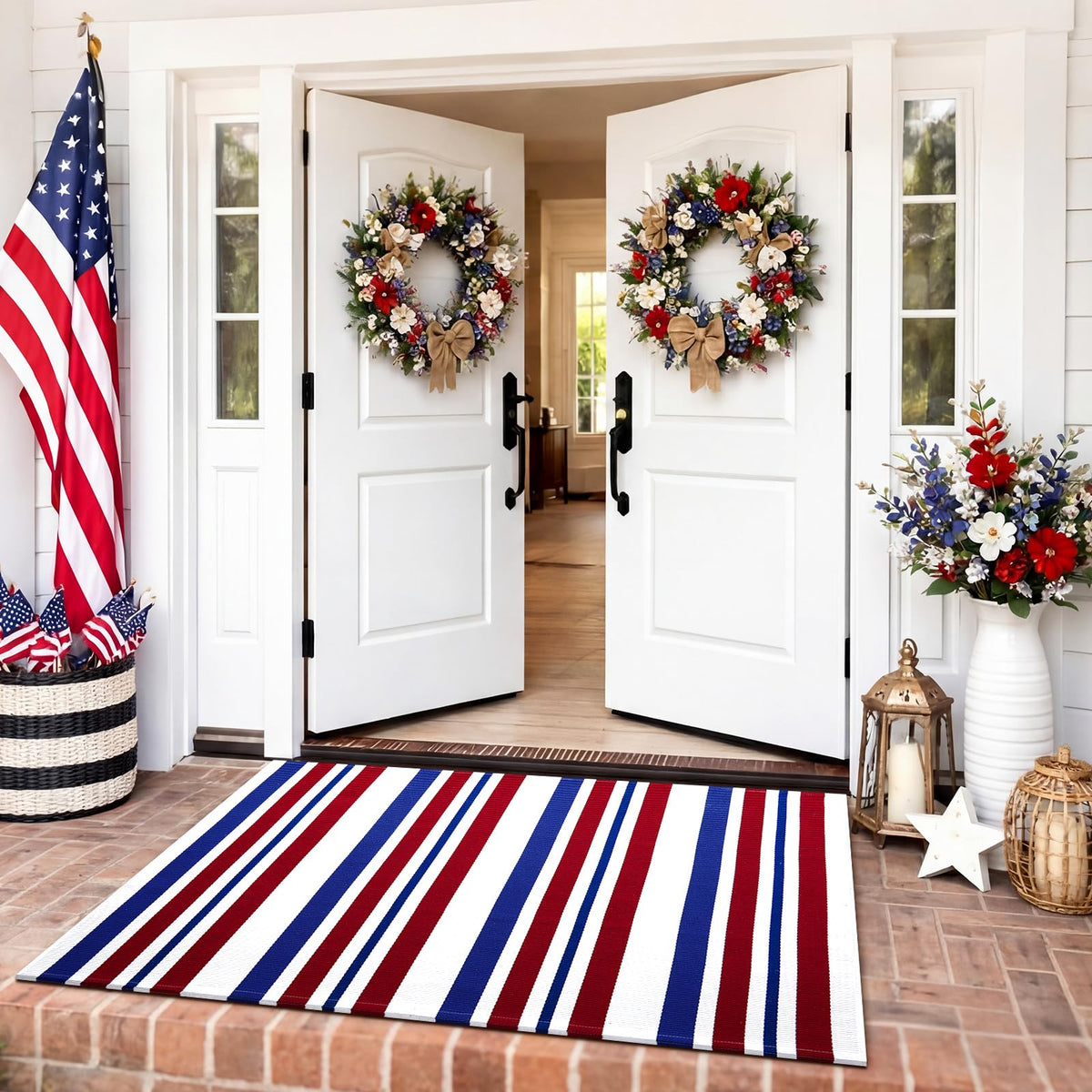 Duraaamo Independence Day decor door mat adds festive charm to the doorway.