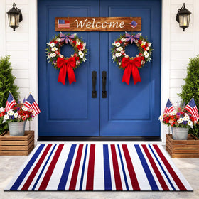 Duraaamo patriotic door mat with blue-red-white stripes brightens entryway and seasonally decorates.