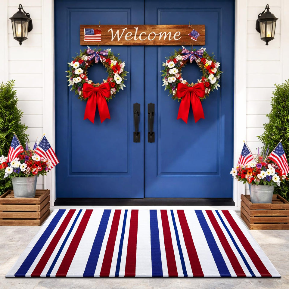 Duraaamo patriotic door mat with blue-red-white stripes brightens entryway and seasonally decorates.