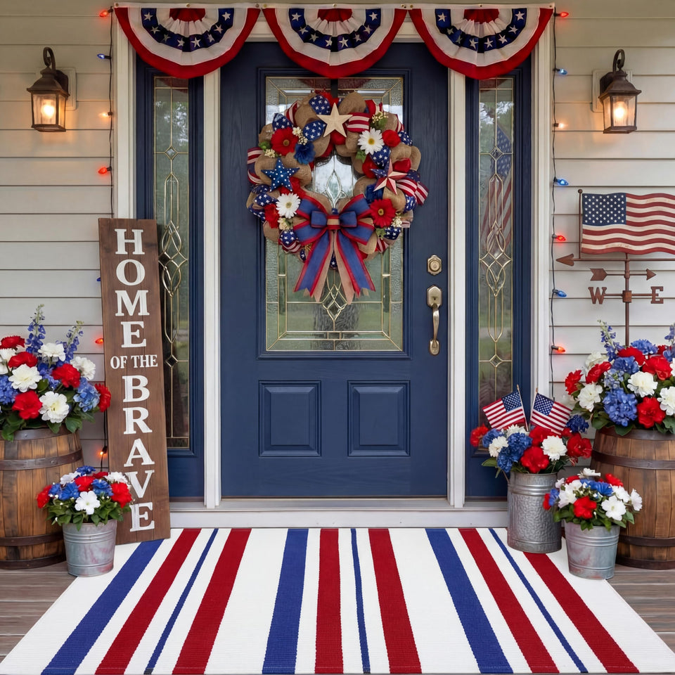 Duraaamo patriotic door mat with blue red white stripes welcomes guests