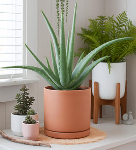 D'vine Dev indoor plant setup on a shelf with terracotta pot.