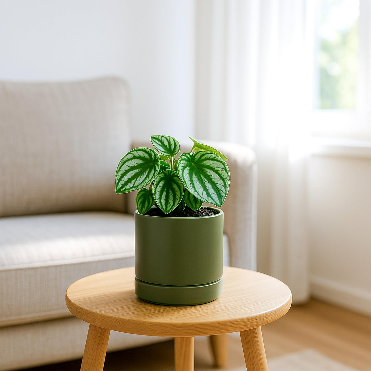 D'vine Dev olive cylinder planter with saucer on a windowsill.