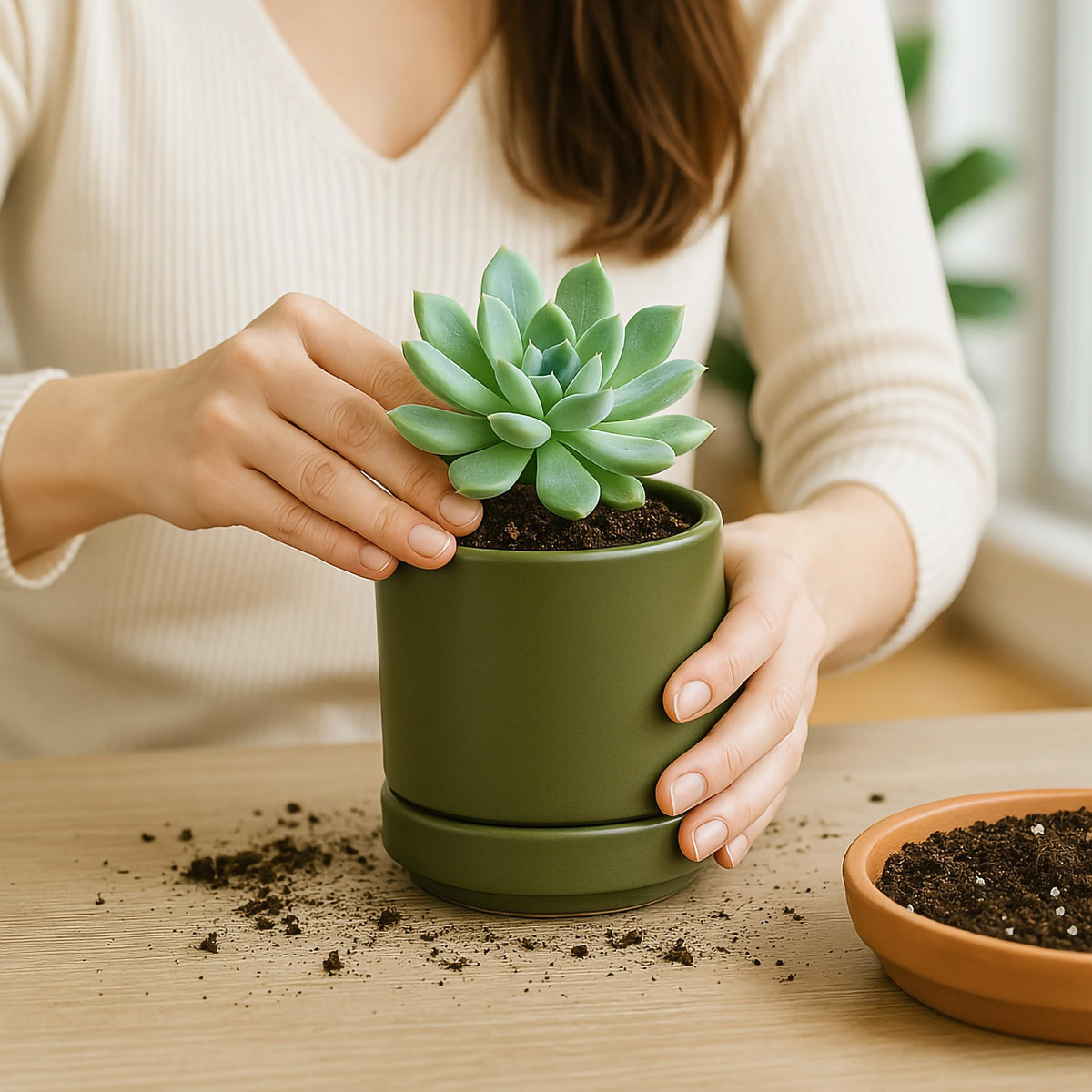 D'vine Dev olive planter kit with drainage hole and included saucer.