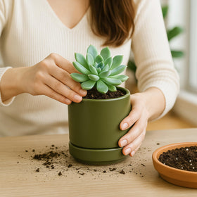 D'vine Dev olive planter kit with drainage hole and included saucer.