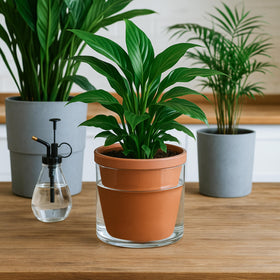 D'vine Dev terracotta pot with glass reservoir close-up showing moisture regulation.