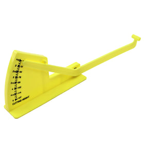 DVPARTS yellow mower deck leveling gauge AM130907 close-up for precise height adjustment