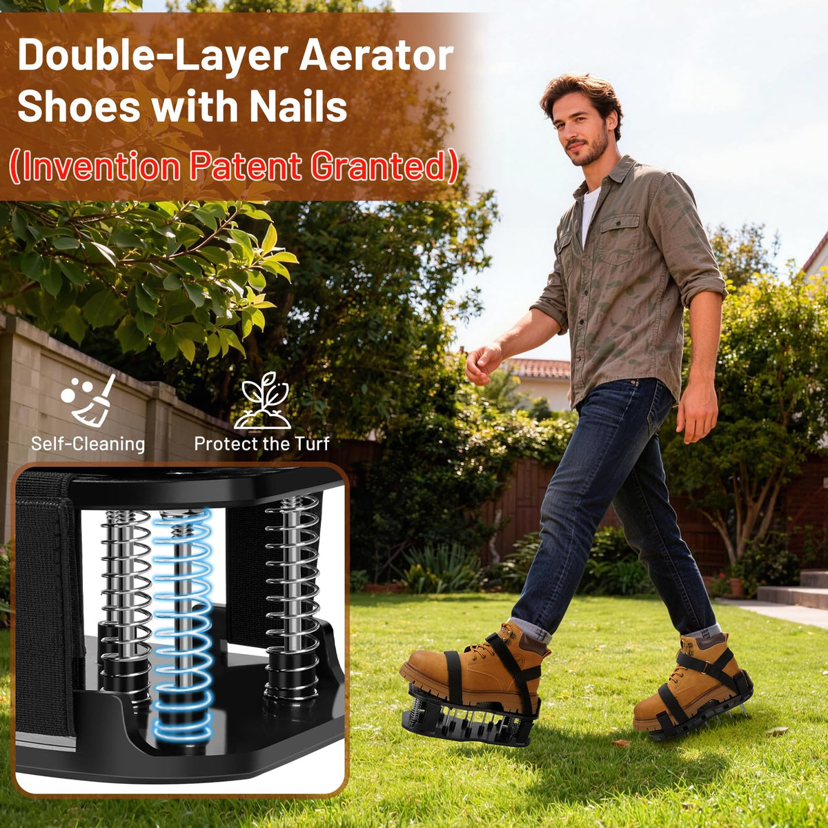 DWAEEGG aerator shoes show adjustable straps for secure, comfortable fit during lawn work