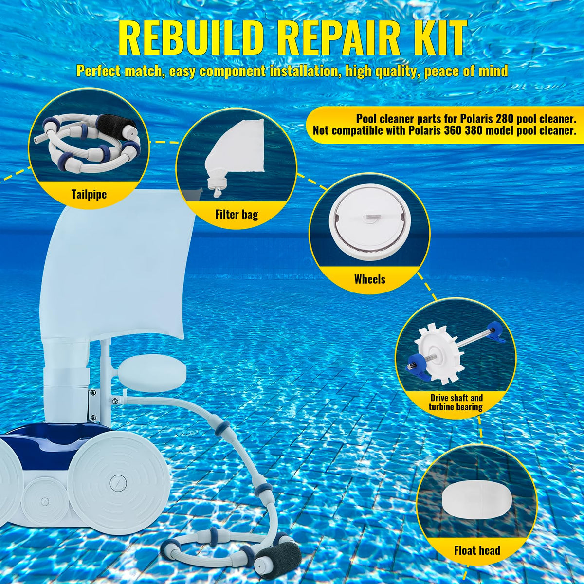 DWALE Polaris 280 tire ensures firm grip on pool floor for consistent cleaning.
