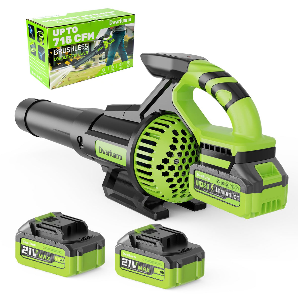 Dwarfuarm cordless leaf blower front view highlighting compact handling for easy use