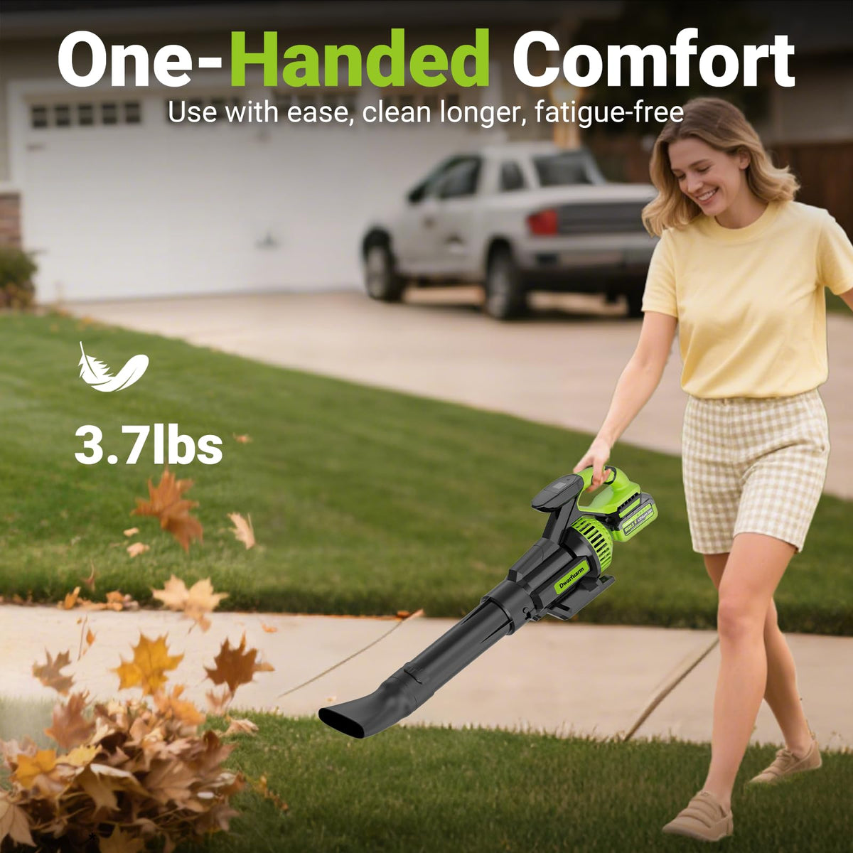 Dwarfuarm cordless leaf blower LCD display visible for precise speed control