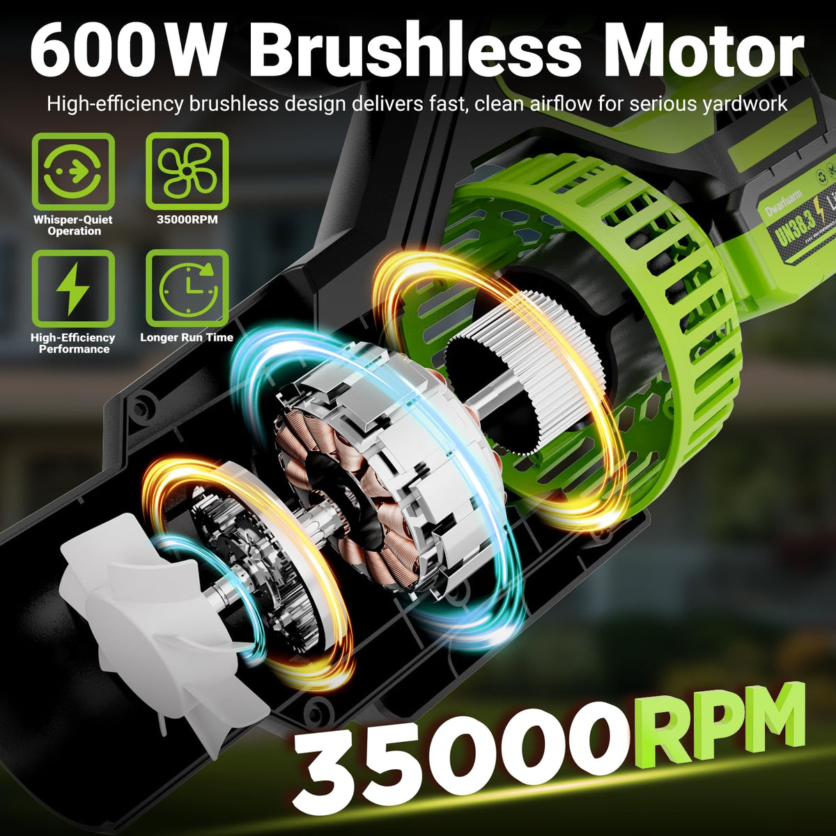 Dwarfuarm cordless leaf blower motor closeup displaying brushless power and efficiency