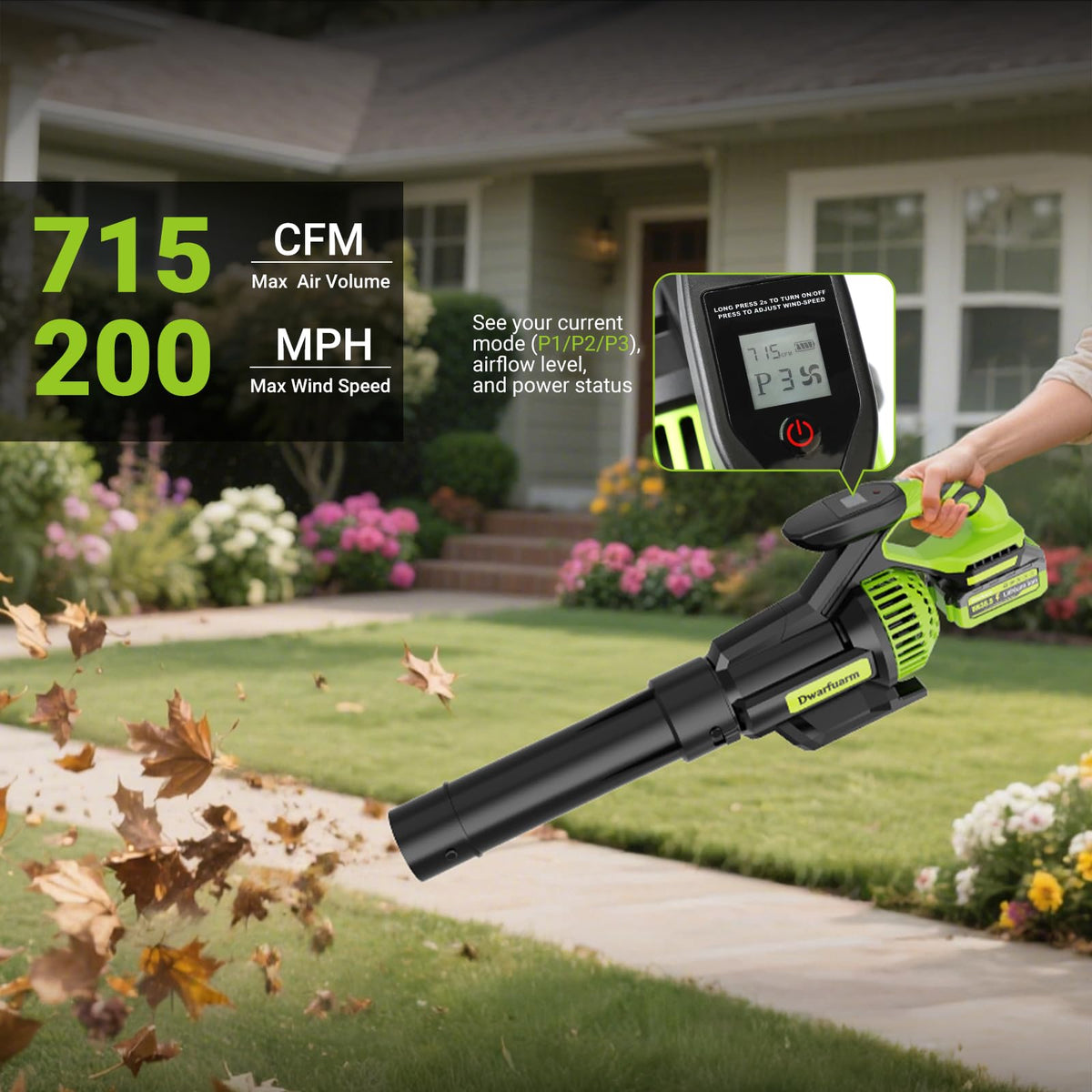 Dwarfuarm cordless leaf blower side view showing ergonomic grip for comfort