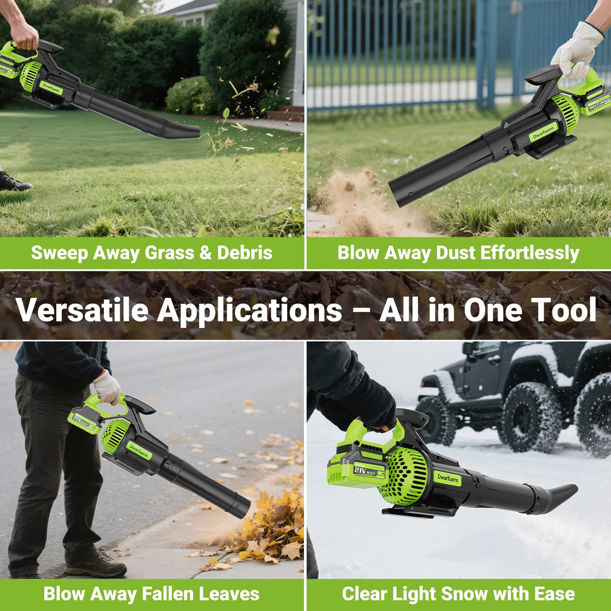 Dwarfuarm cordless leaf blower in yard cleanup clearing leaves effectively
