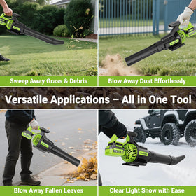 Dwarfuarm cordless leaf blower in yard cleanup clearing leaves effectively