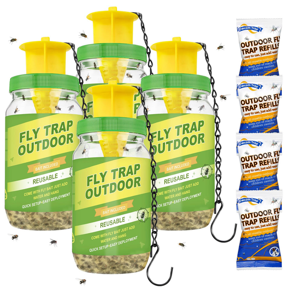 Dwcom Trap 4-pack outdoors attracts and captures flies.