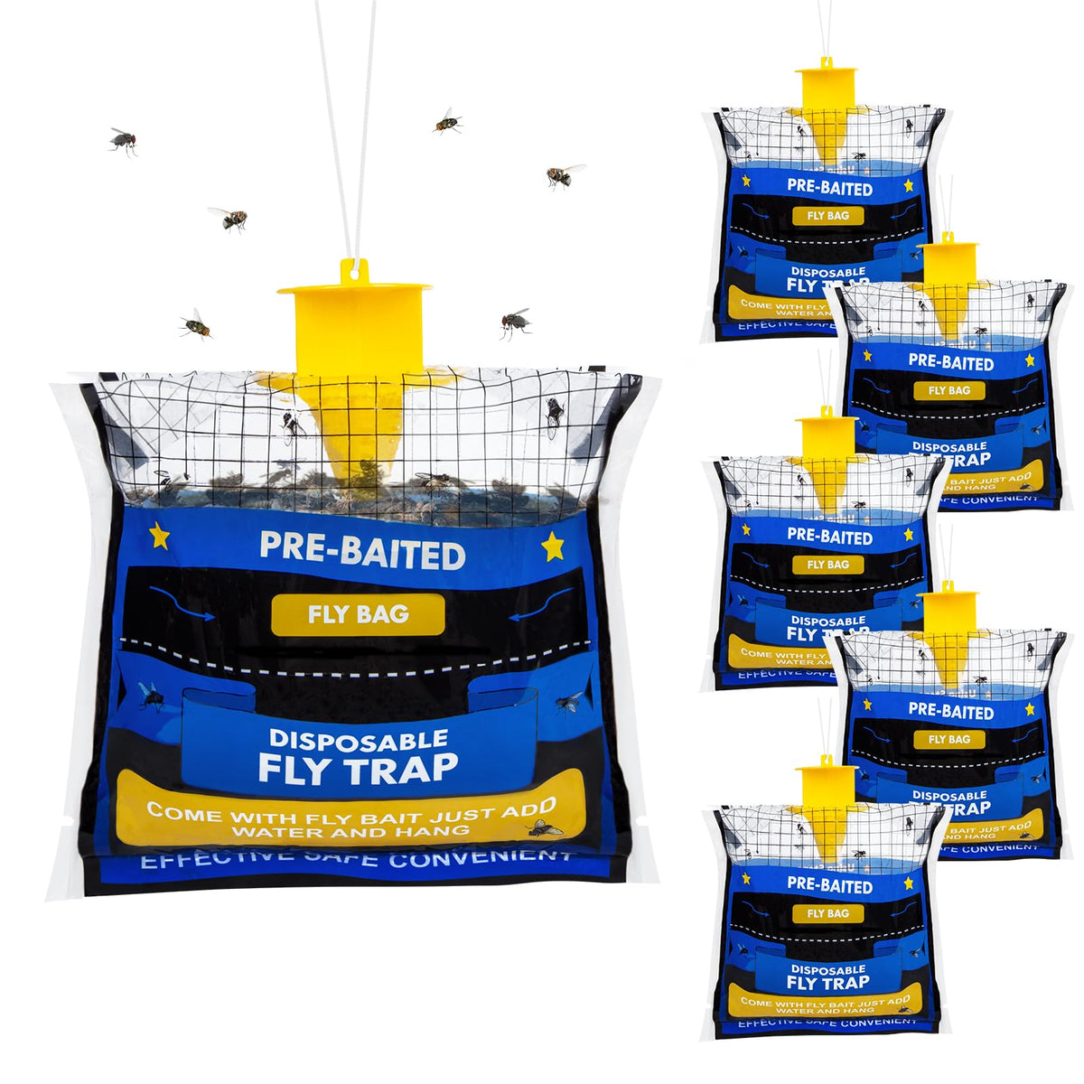 Dwcom Trap 6-pack fly traps hanging above patio for pest relief