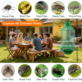 Dwcom Trap hanging ranch fly trap in use, ready to trap flies outdoors.
