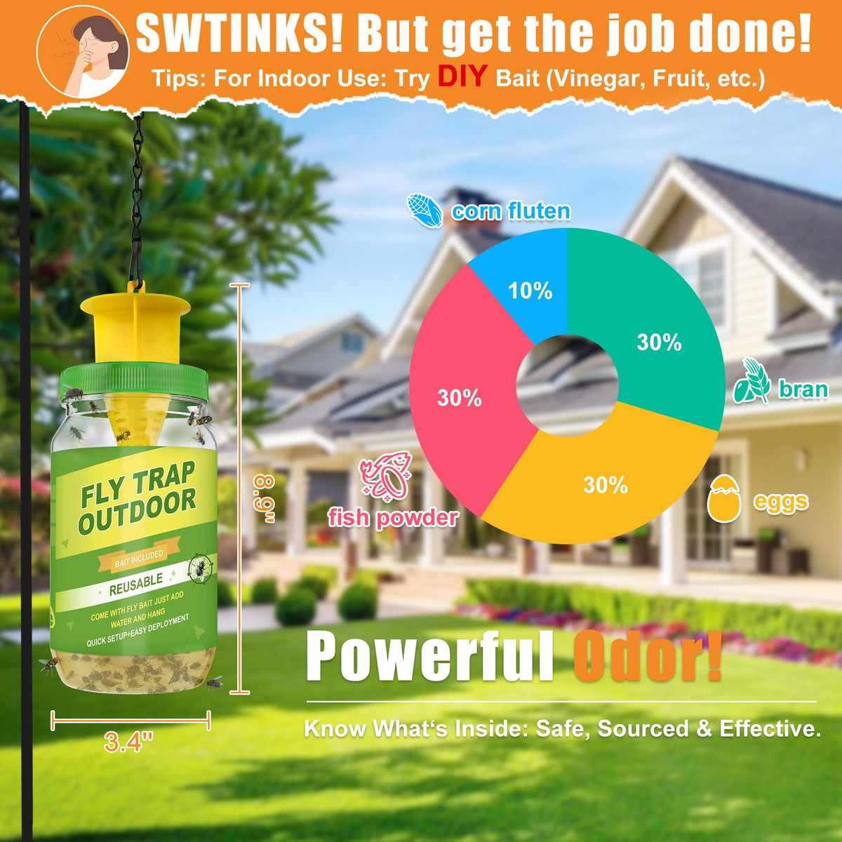 Dwcom Trap natural bait refill attracts flies in garden spaces.