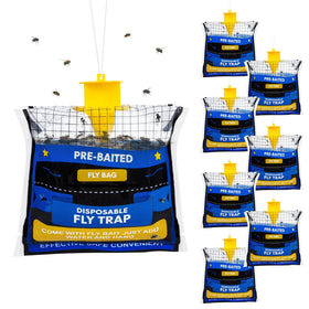 Dwcom Trap outdoor fly trap bag hanging near patio to attract flies away from living spaces.