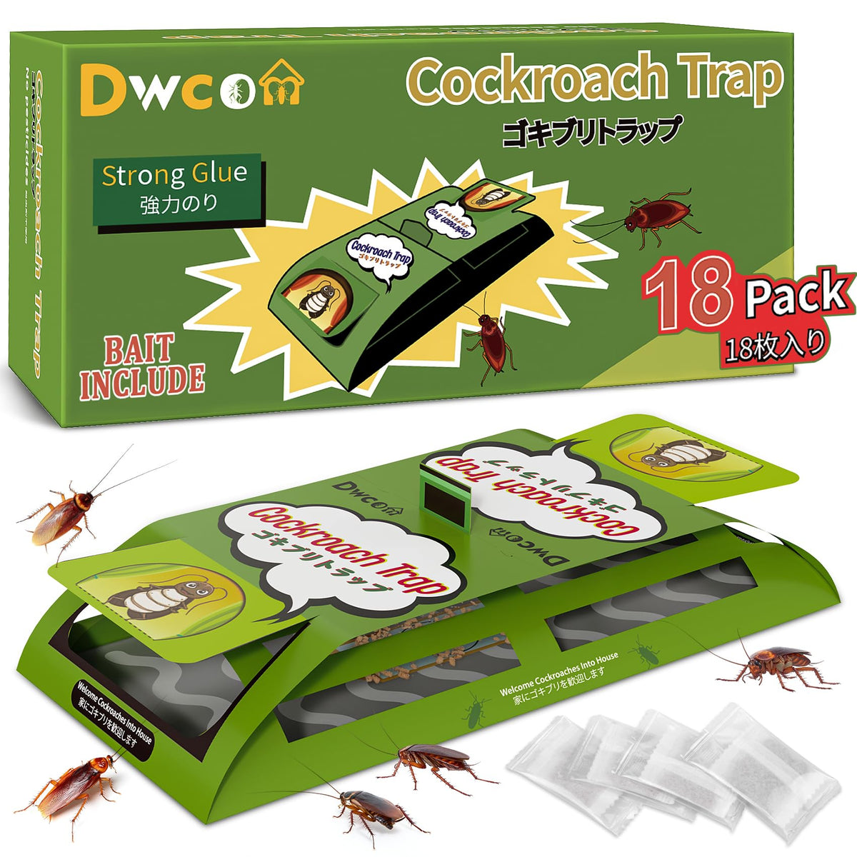 Dwcom Trap 18-pack roach traps packaging ready for easy setup
