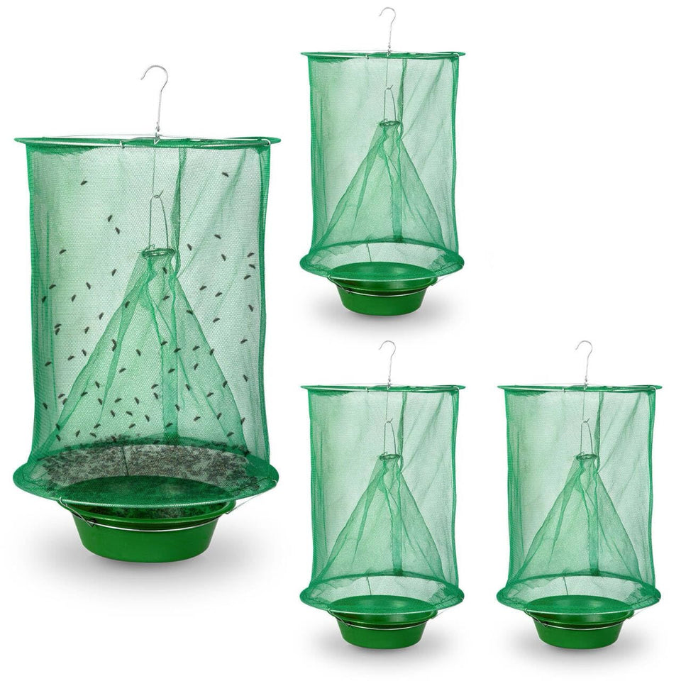 Dwcom Trap 4 Pack fly traps hanging outdoors in barn reduce flies.