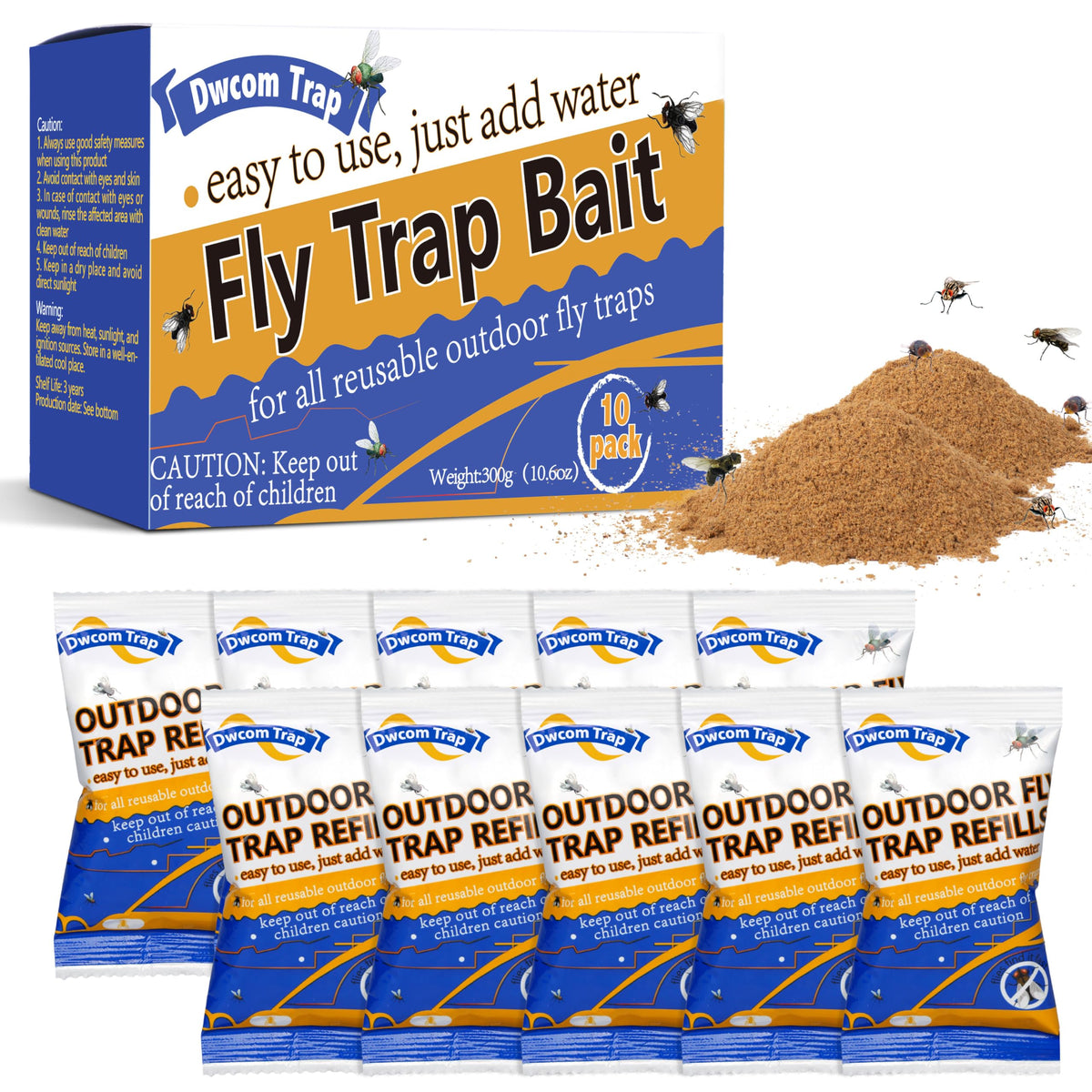 Dwcom Trap fly bait refill packets attract common outdoor flies.
