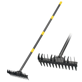 DwelSpire 77-inch bow rake head for aggressive soil loosening and bed leveling.