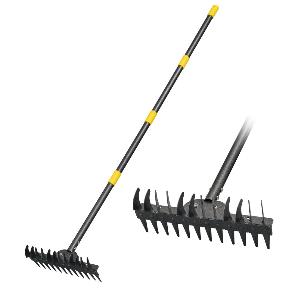 DwelSpire 77-inch bow rake head for aggressive soil loosening and bed leveling.