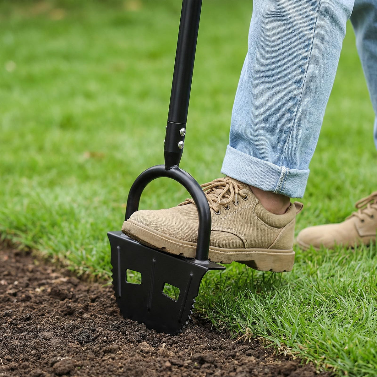 DwelSpire detachable edging shovel shown for compact storage in shed