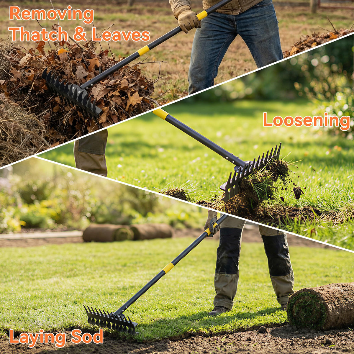 DwelSpire leaf gathering and debris clearing with adjustable rake width.