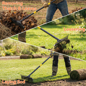 DwelSpire leaf gathering and debris clearing with adjustable rake width.