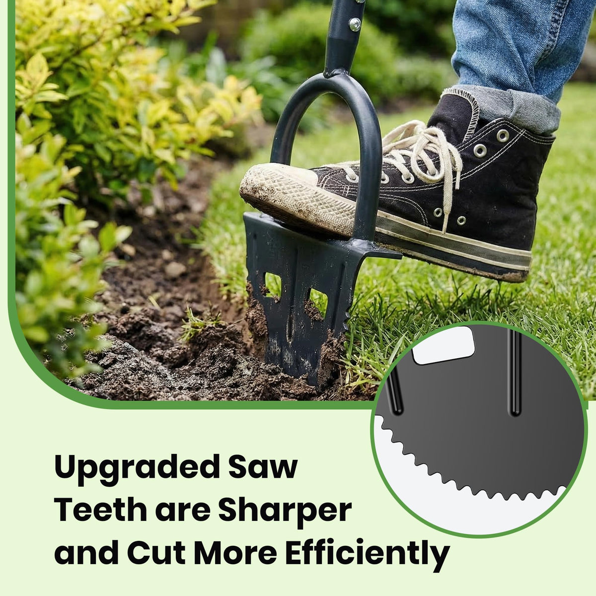 DwelSpire manganese steel edger blade cutting through thick turf