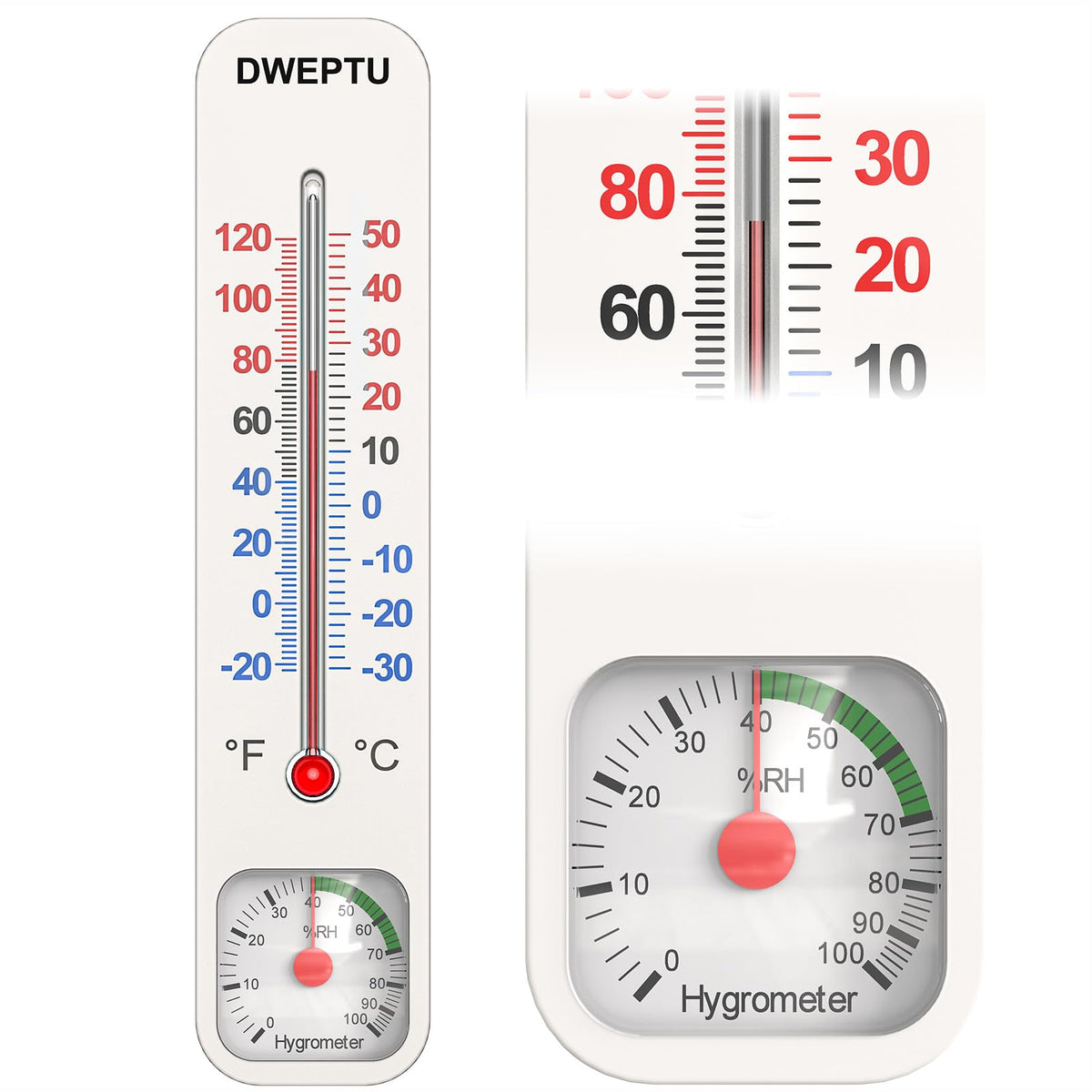 DWEPTU outdoor-indoor thermometer hygrometer wall-mount shows temperature and humidity at a glance