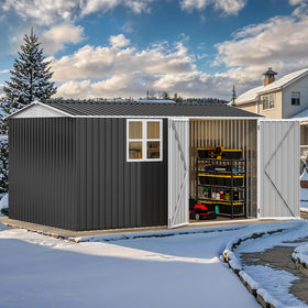 DWVO 12x8ft shed exterior in gray and white, durable outdoor storage.