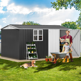 DWVO 12x8ft shed sloped roof guiding water away from contents.