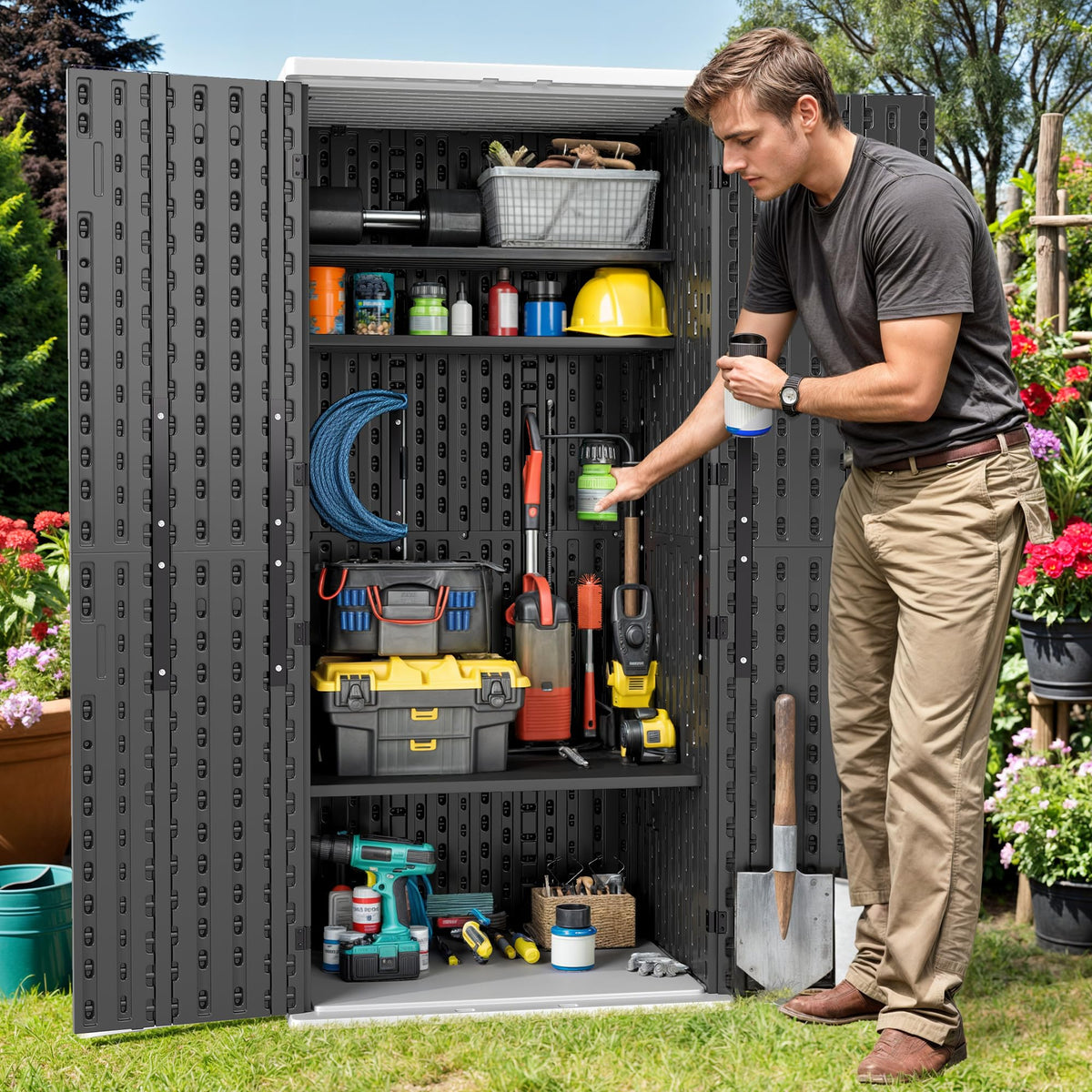 DWVO lock feature demonstrates secure outdoor tool storage (lock not included).
