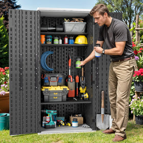 DWVO lock feature demonstrates secure outdoor tool storage (lock not included).