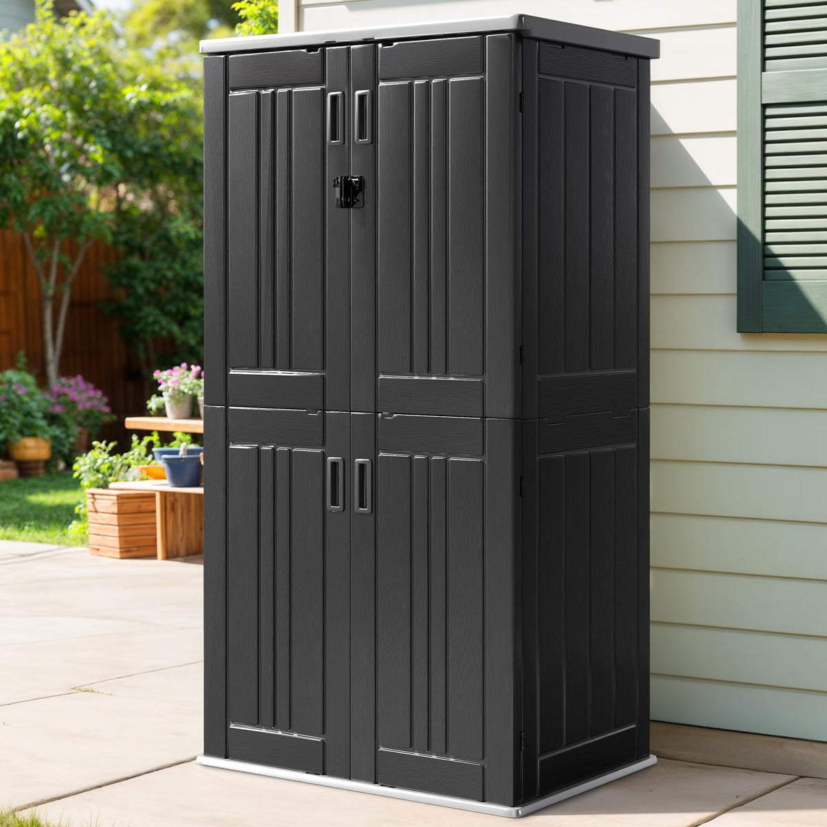DWVO storage shed interior shows adjustable shelves for flexible tool storage.